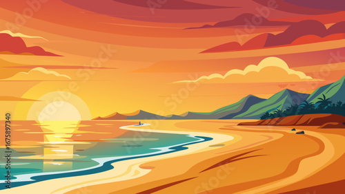 Beautiful sunset over the ocean on a tropical beach with mountains
