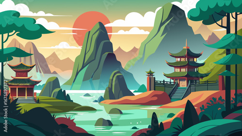 Picturesque asian landscape with pagodas, mountains, and a tranquil lake view