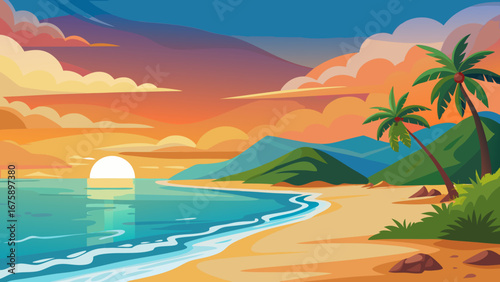 Tropical beach sunset with palm trees, mountains, and colorful sky scenery