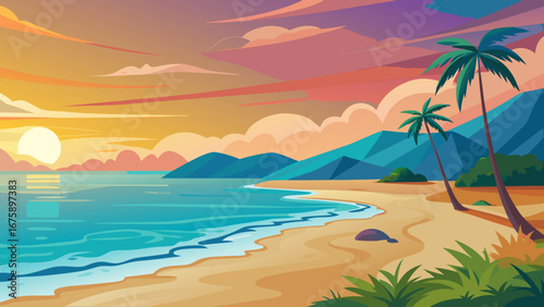 Colorful sunset over a tropical beach with palm trees and turquoise water