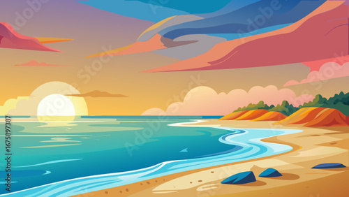 Tranquil sunset at the beach with calm water and colorful sky scenery
