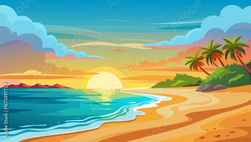 A beautiful sunset over a tropical beach with palm trees and calm water
