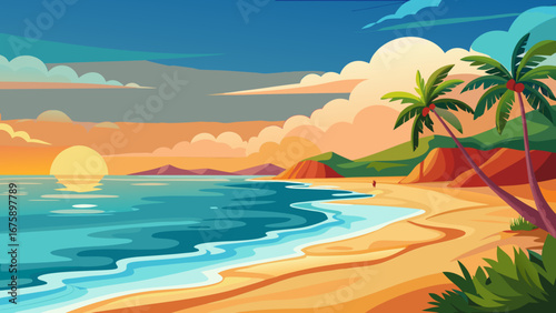 A serene beach scene featuring palm trees, calm waves, and a vibrant sunset