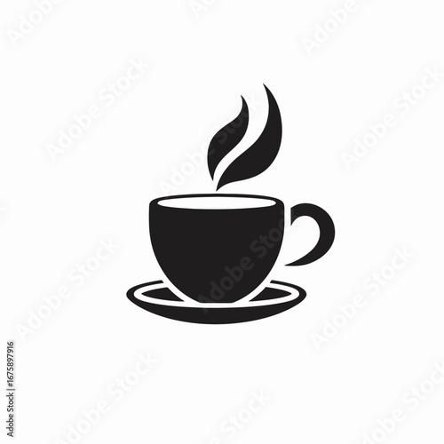 Steaming coffee cup with saucer illustration, presented in black silhouette