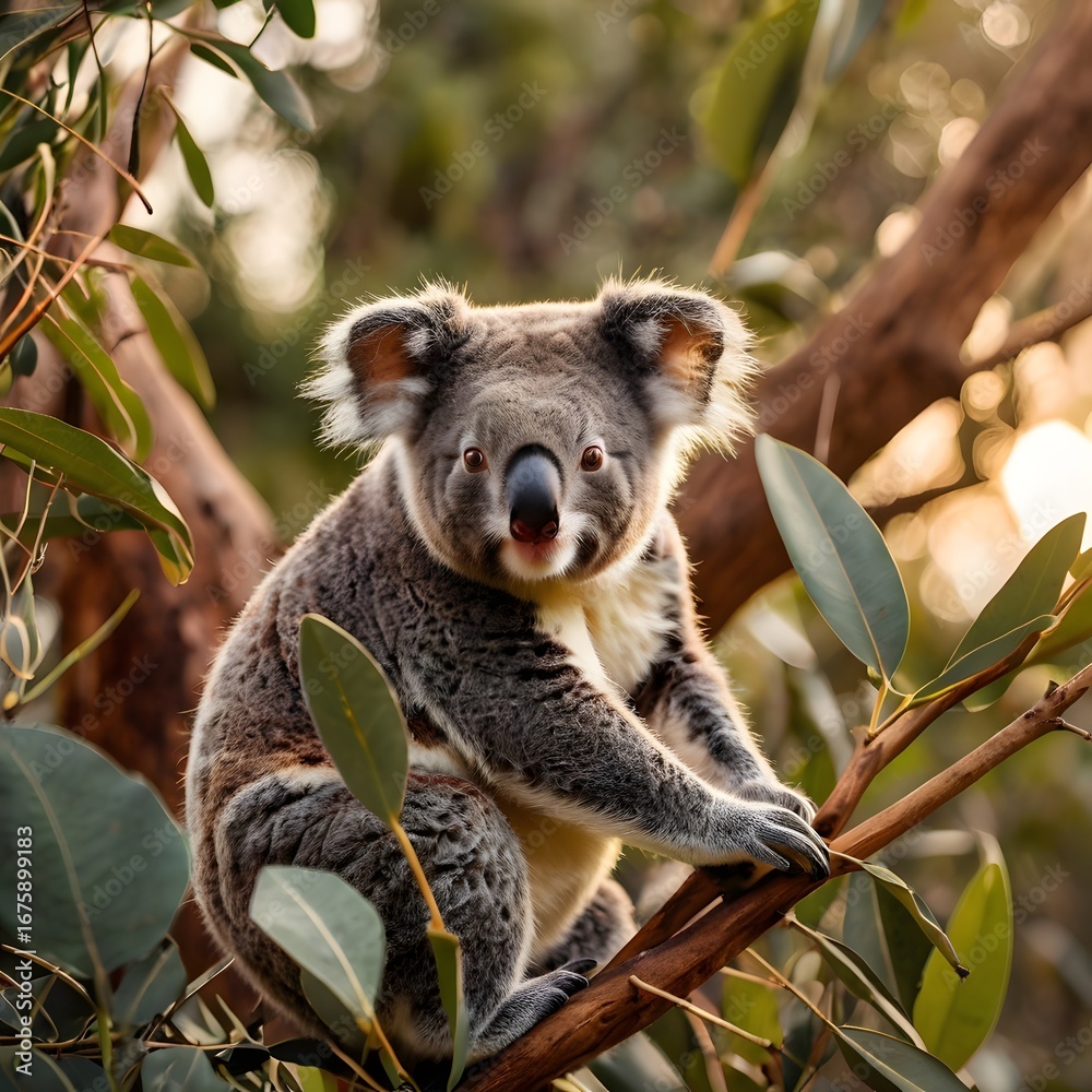 Fototapeta premium Adorable koala clings to eucalyptus branch soaking in warm golden hour sunlight