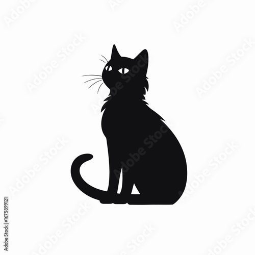 Curious domestic feline pet staring upwards black cat illustration silhouette