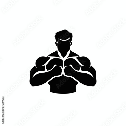 Powerful muscular bodybuilder fighter ready to punch, aggressive fitness vector silhouette