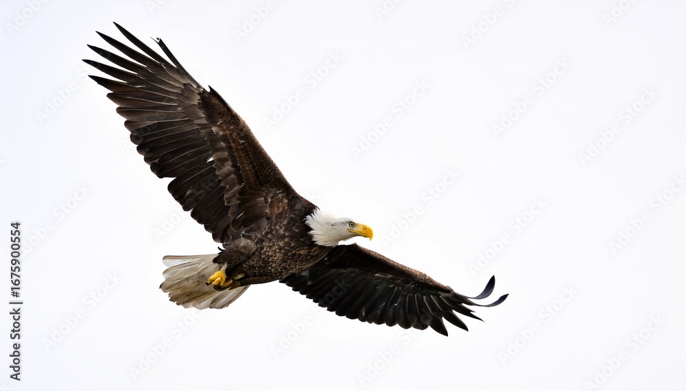 Naklejka premium a majestic bald eagle with wings fully extended in flight white background