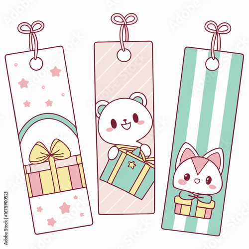  Gift shop style bookmarks with kawaii characters, pastel color palette, vector illustrations