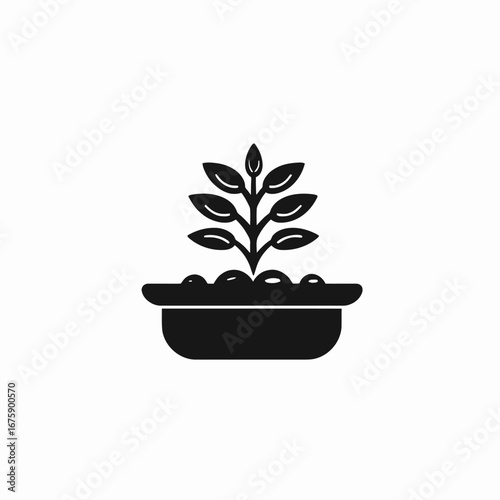 Black vector illustration shows a potted plant, minimal silhouette