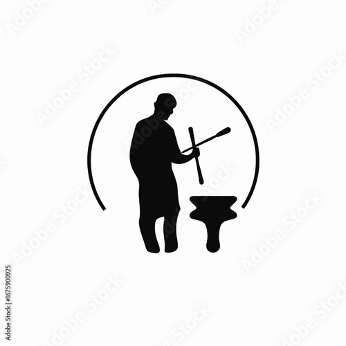 Blacksmith striking iron on anvil within ring simple graphic silhouette