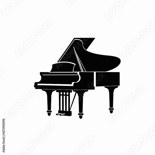 Elegant grand piano with open lid creating striking musical silhouette