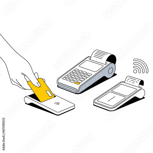 Modern Digital Payment Solutions Illustration with Hand Making Transaction on Secure Point of Sale Terminal and Contactless Devices Representing Seamless Commerce Technology