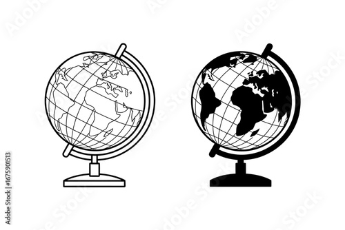 Globe Outline and Silhouette Vector Illustration Two Different Styles for Education and Design Worldwide Cartography Concept