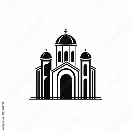 Elegant Orthodox church with cross, domes and arches, a minimalist silhouette
