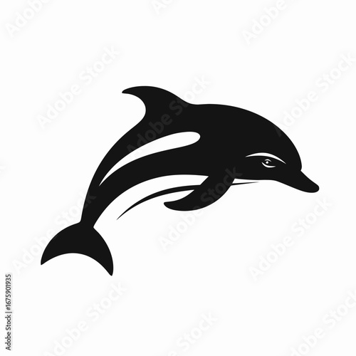 Elegant aquatic mammal jumps in a sea of black, detailed silhouette
