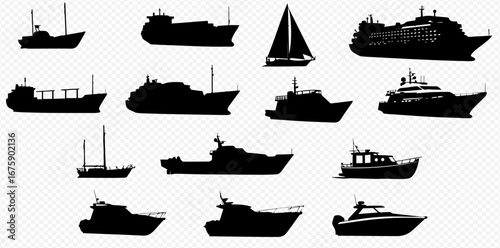 Collection of various vessel silhouettes: cargo ships, yachts, sailboats, and more.
