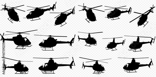 Multiple black silhouettes of a helicopter shown from various angles.