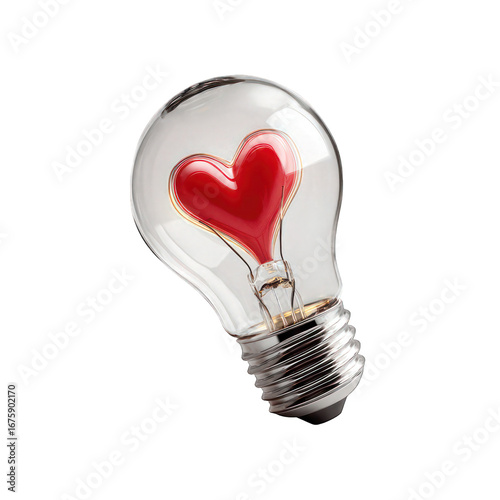 lightbulb glowing with red heart inside, isolated on white background, conceptual symbol of positive thinking