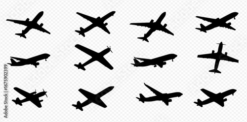 Collection of twelve airplane silhouettes, various designs and angles.