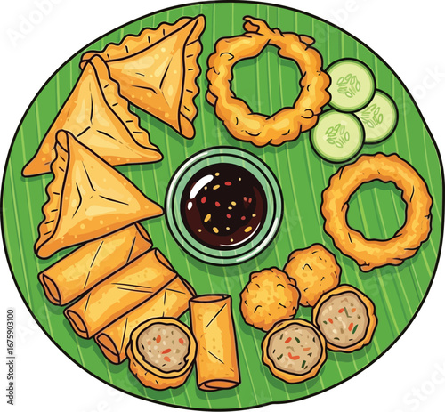 Colorful Fried Snack Platter Illustration with Sauce on Banana Leaf illustration