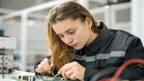 Wallpaper Mural Young woman technician carefully assembling electronic components in a workshop Torontodigital.ca