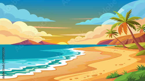 Vector art of beautiful tropical beach landscape with palm trees, golden sand, and a serene ocean at sunset, creating a perfect vacation paradise scene