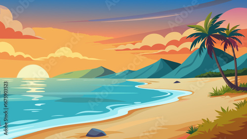 Vector art of peaceful tropical beach at sunset with palm trees, gentle waves, and colorful sky creating a serene and idyllic vacation destination