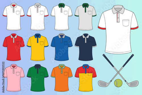 Collection of assorted colorful polo shirt designs and golf accessories. Template for apparel, team uniforms, or casual sportswear.