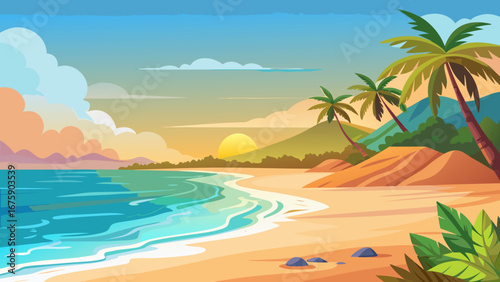 Vector art of a vibrant tropical beach scene with palm trees, gentle waves, and a colorful sunset sky, perfect for a relaxing vacation getaway