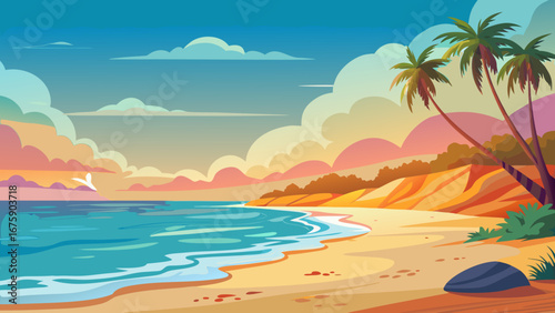 Vector art of a serene tropical beach landscape featuring palm trees, a sandy beach, and a colorful sunset sky, perfect for a relaxing vacation