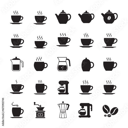 Coffee and Tea Black Silhouette Vector Icon Set Featuring Cups Teapots Coffee Makers and Other Appliances for Hot Drinks on White Background