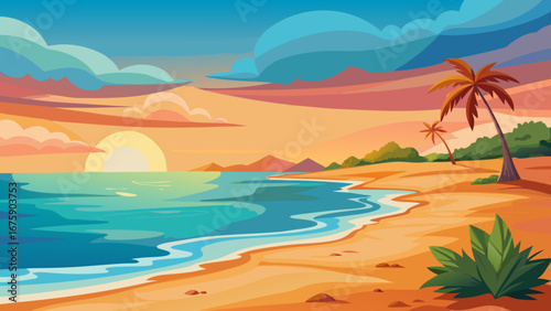 Vector art of a beautiful tropical beach at sunset with palm trees, calm sea, and colorful sky, perfect for a vacation or travel illustration