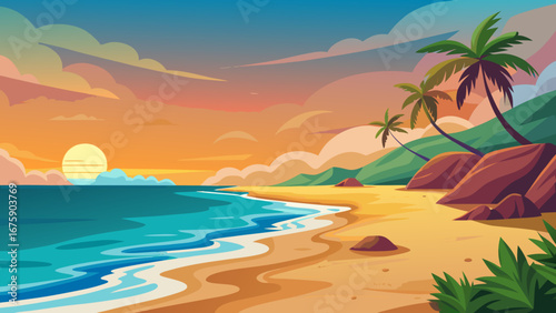 Vector art of a serene tropical beach at sunset with palm trees, calm sea, and colorful sky, perfect for a vacation or travel illustration