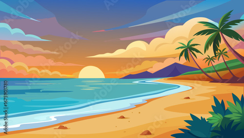 Vector art of a scenic beach at sunset featuring palm trees, golden sand, and gentle waves under a vibrant sky, creating a peaceful tropical getaway