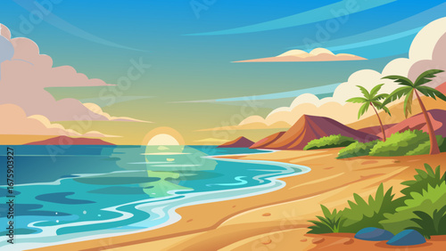 Vector art of a tranquil beach landscape with palm trees, mountains, and a colorful sunset reflecting on the ocean, creating a serene and idyllic vacation spot