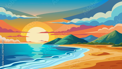 Vector art of a vibrant sunset over the tropical beach with mountain, creating a serene and idyllic landscape, perfect for a peaceful vacation getaway