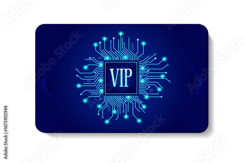 VIP card. Futuristic style. Digital motherboard chip with VIP inscription. Modern texture of an electronic motherboard. Creative idea for internet technologies.