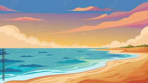 Vector art of a tranquil sunset over the beach with calm sea, creating a serene and idyllic landscape, perfect for a peaceful vacation getaway
