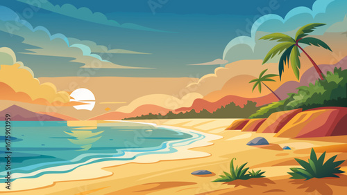 Vector art of a serene tropical beach landscape with palm trees, golden sand, and a calm ocean under a vibrant sunset sky, perfect for a relaxing vacation getaway