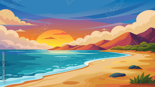 Vector art of a scenic beach landscape at sunset with mountains and calm ocean waves, creating a tranquil and idyllic scene for a perfect vacation getaway