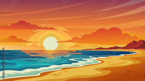 Vector art of a beautiful sunset over the beach with golden sand and gentle waves, creating a serene and peaceful scene, perfect for a relaxing vacation