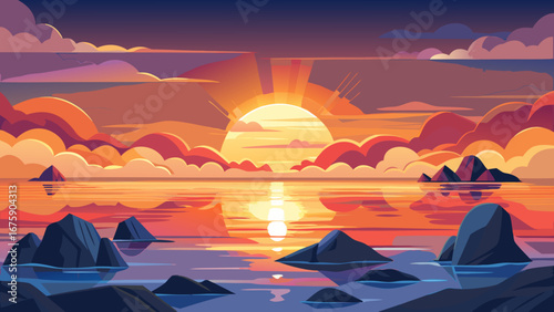 Vector art of a scenic sunset over the sea with rocks and clouds reflecting in the water, creating a tranquil and beautiful landscape illustration