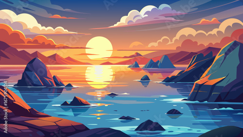Vector art of a breathtaking sunset over a tranquil sea with rocky islands, creating a serene and picturesque landscape with vibrant colors and peaceful atmosphere