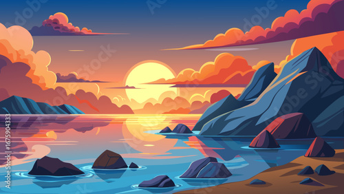 Vector art of a serene sunset over the sea with rocky formations and colorful clouds reflecting in the water, creating a tranquil and scenic view