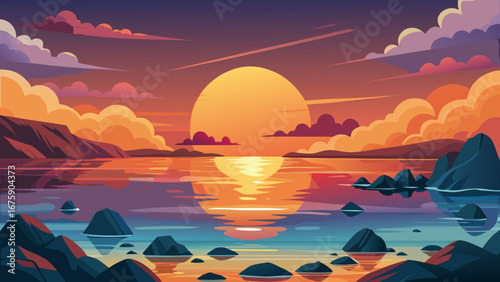 Vector art of a breathtaking sunset over a tranquil sea, with the suns golden light reflecting on the water and rocky islands dotting the horizon