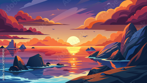 Vector art of a serene sunset seascape featuring rocky outcrops, calm waters reflecting the vibrant sky, and a sense of peaceful solitude