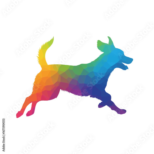 Vibrant geometric dog silhouette leaps joyfully, radiating playful energy and modern artistic flair