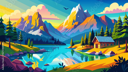 Vector art of a picturesque mountain lake landscape with a cabin nestled among the trees, reflecting the vibrant colors of the sky and mountains in the water