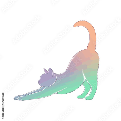 Graceful cat stretching with a vibrant pastel gradient, embodying comfort and tranquility in a clean, modern style.